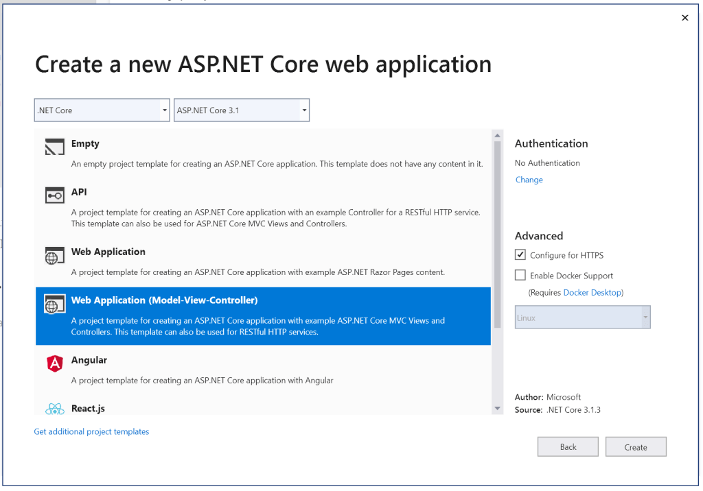 Choose an MVC project template