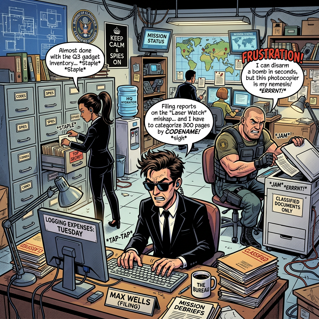 Three agents in an office overwhelmed by classified files and reports